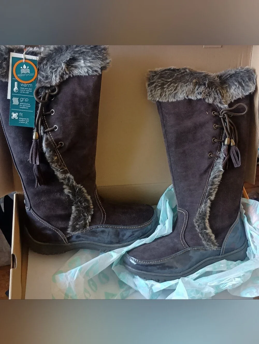 Sporto Brown Faux Suede Tall Winter Boots with Faux Fur Cuff